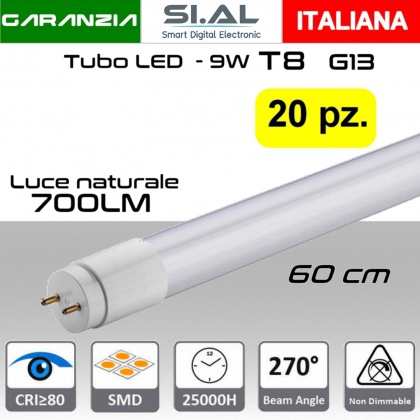 Tubo LED T8 attacco G13 da 9W a 700 lumen luce naturale misure 60 cm PACK 20 PZ