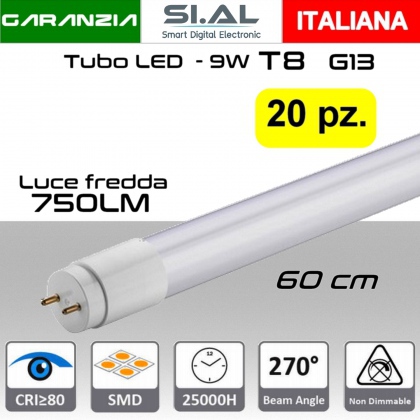 Tubo LED T8 attacco G13 da 9W a 750 lumen luce fredda misure 60 cm  PACK 20 PZ
